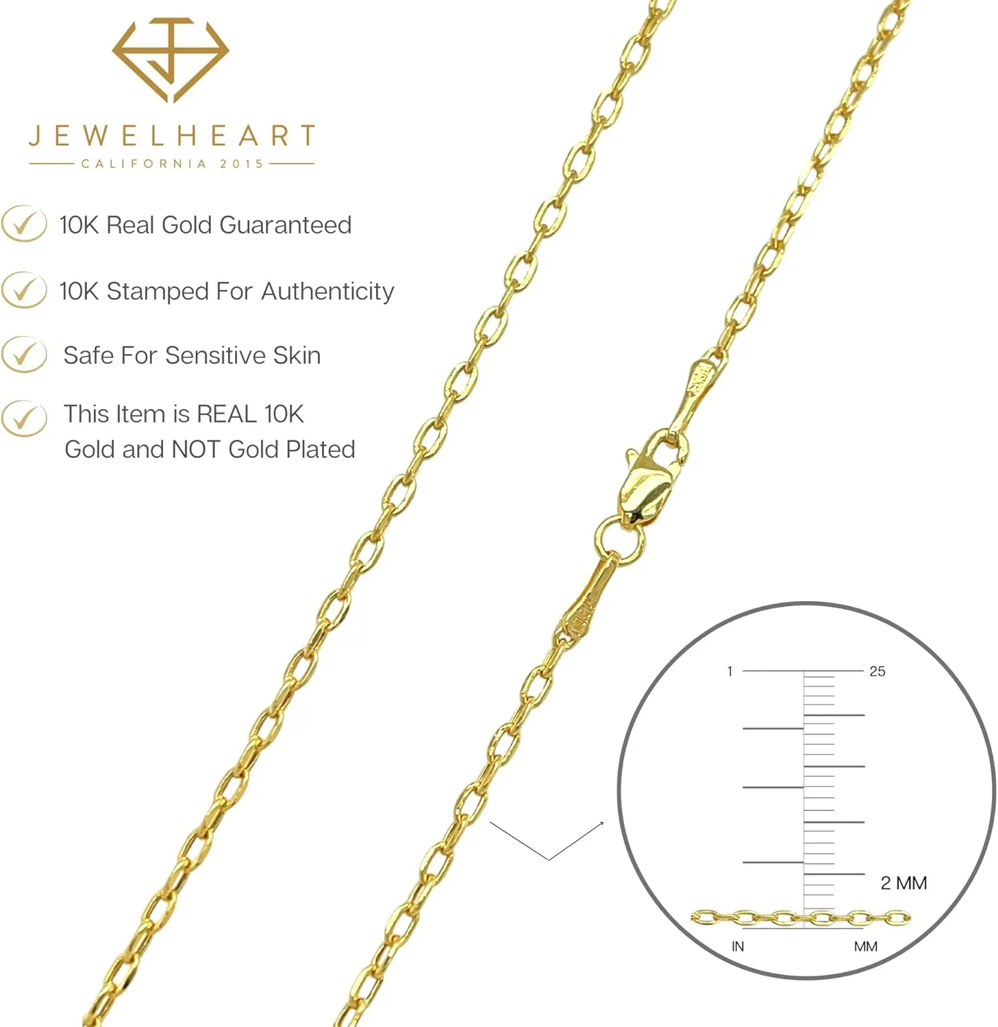 JEWELHEART 14K Real Gold Link Chain Necklace - 2mm Diamond Cut Cable Chain - Dainty 10K Yellow Gold Necklace For Women with Lobster Clasp 14-24"