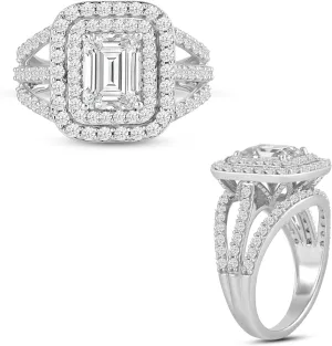 Jewelili Fine Silver Plate Octagonal & Round-cut Cubic Zirconia Halo Engagement Ring Wedding Fashion Jewelry for Women