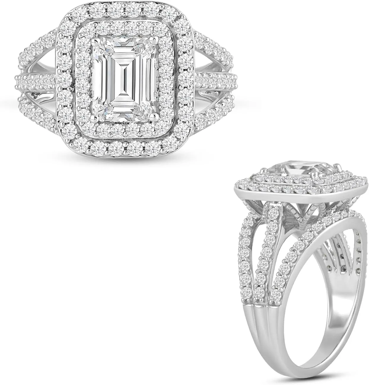 Jewelili Fine Silver Plate Octagonal & Round-cut Cubic Zirconia Halo Engagement Ring Wedding Fashion Jewelry for Women