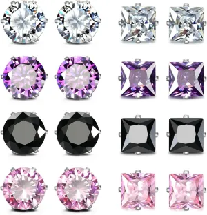 JewelrieShop Stainless Steel CZ Post Earrings Set Birthstone Studs for Women Piercing Hypoallergenic Multi Color Round Square Cuts Cubic Zirconia Sensitive Ears Earrings (8Pairs,6mm,8mm,Round,Square)