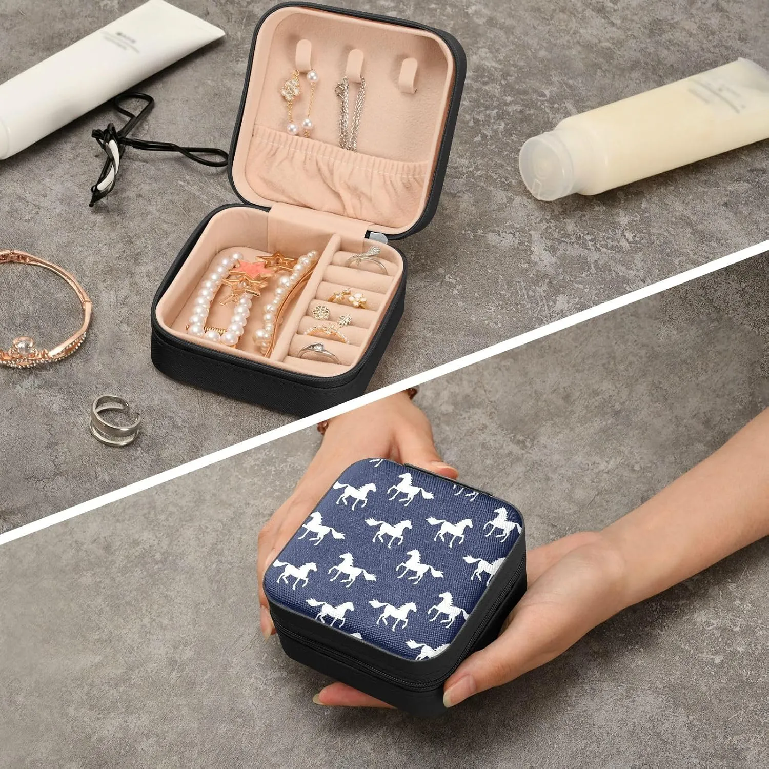 Jewelry Box Horse Travel Mini Jewelry Storage Box, Portable PU Leather Jewelry Organizer Case Necklace, Earrings, Rings, Bracelet Storage Holder for Girls Ladies Women Gift