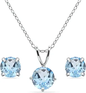 Jewelry Sets for Women, Necklace and Earring Sets for Women, Birthstone Jewelry, Genuine or Synthetic Gemstone, Round Solitaire, Pendant Necklace, Stud Earrings, Sterling Silver Jewelry or Gold Flash