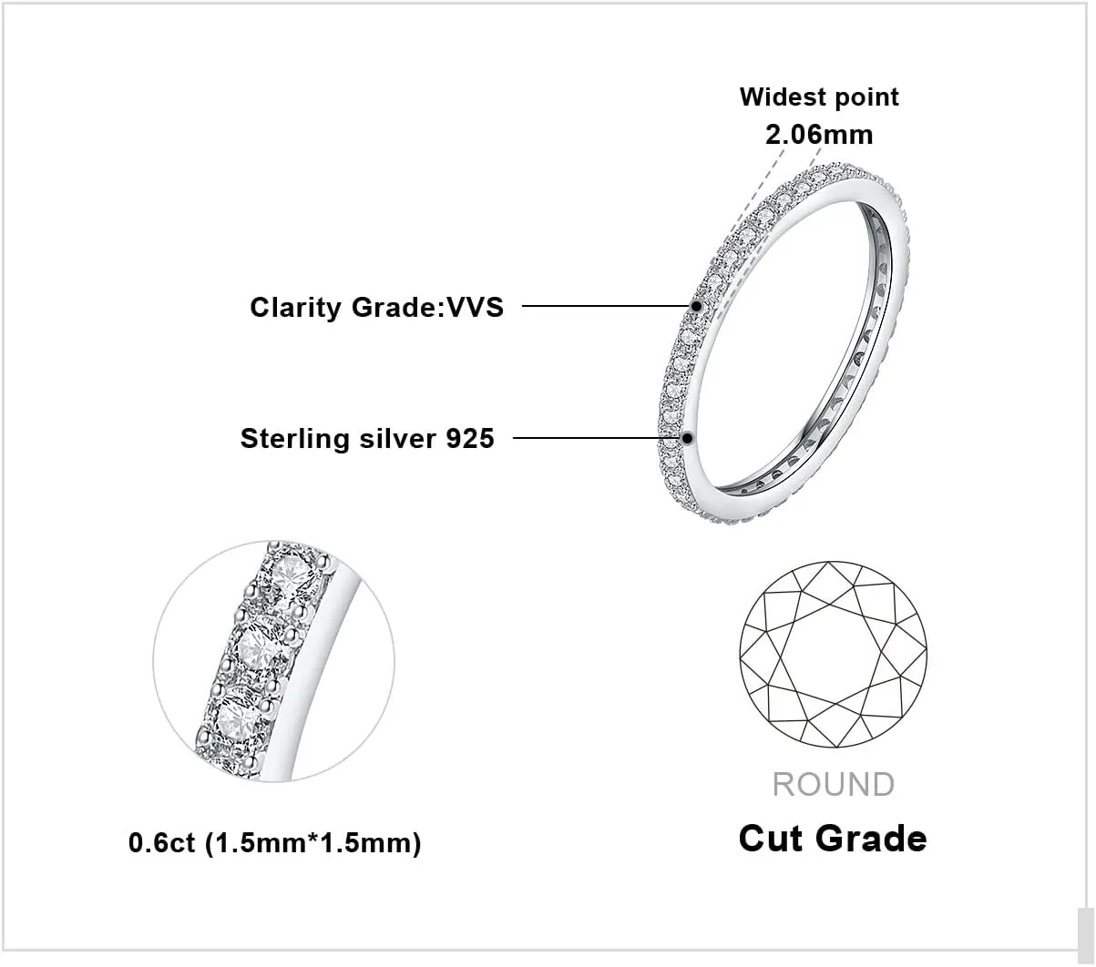 JewelryPalace Genuine Moissanite Wedding Rings for Women, Eternity 14k White Yellow Rose Gold Plated 925 Sterling Silver Promise Ring for Her, Round Cut Simulated Diamond Anniversary Band Ring VVS D-F