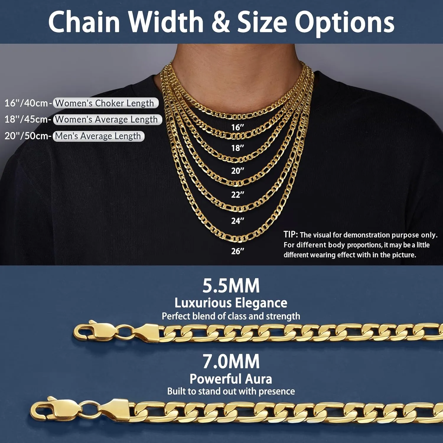 Jewlpire 5.5mm/7mm Stainless Steel Figaro Chain Necklace for Men, 14K Over Gold Chain for Men, Mens Jewelry Gift 16 18 20 22 24 26 Inch