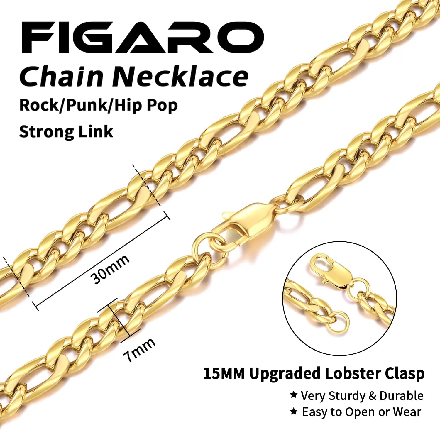 Jewlpire 5.5mm/7mm Stainless Steel Figaro Chain Necklace for Men, 14K Over Gold Chain for Men, Mens Jewelry Gift 16 18 20 22 24 26 Inch