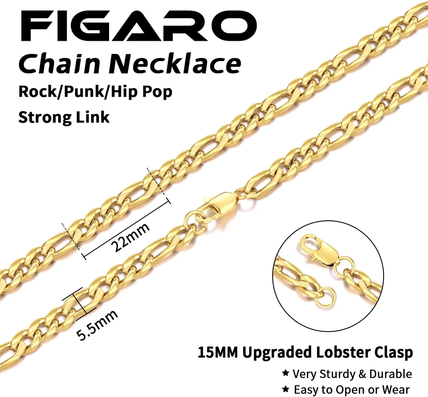 Jewlpire 5.5mm/7mm Stainless Steel Figaro Chain Necklace for Men, 14K Over Gold Chain for Men, Mens Jewelry Gift 16 18 20 22 24 26 Inch