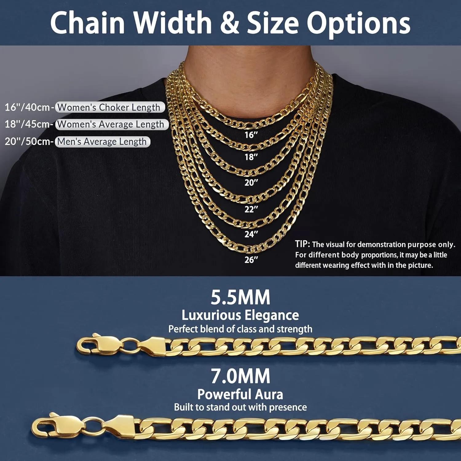 Jewlpire 5.5mm/7mm Stainless Steel Figaro Chain Necklace for Men, 14K Over Gold Chain for Men, Mens Jewelry Gift 16 18 20 22 24 26 Inch