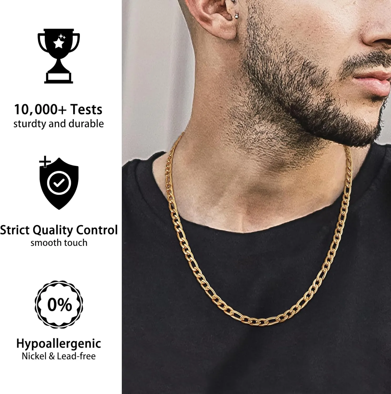 Jewlpire 5.5mm/7mm Stainless Steel Figaro Chain Necklace for Men, 14K Over Gold Chain for Men, Mens Jewelry Gift 16 18 20 22 24 26 Inch