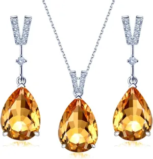 JIANGXIN 18"~20" Teardrop shape Gemstone Elegant Birthstone 925 Sterling Silver Pendant Necklace Drop Earrings Jewelry Set for Women v shape