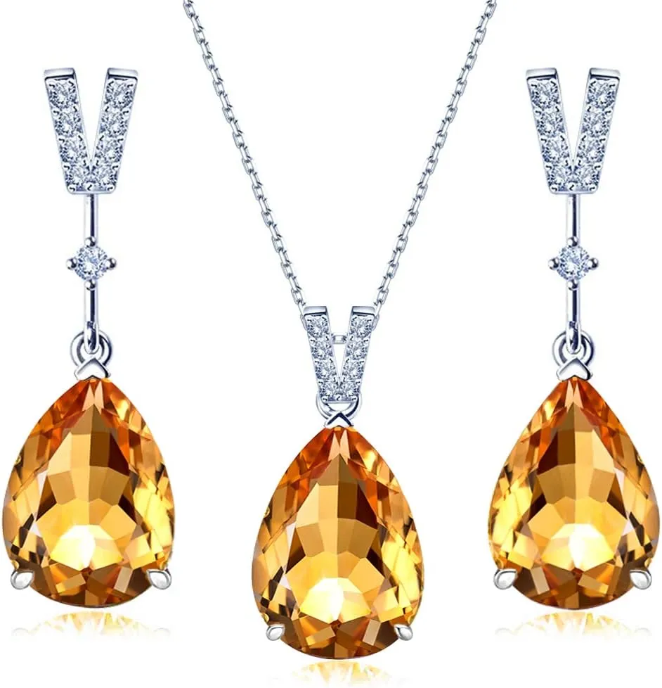 JIANGXIN 18"~20" Teardrop shape Gemstone Elegant Birthstone 925 Sterling Silver Pendant Necklace Drop Earrings Jewelry Set for Women v shape