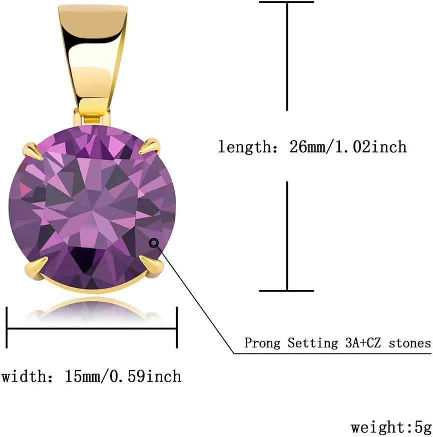 JINAO 15MM 4 Colors Solitaire Colorful Cubic Zirconia Pendant Necklace for Women Elegant Jewelry with Stainless Steel Rope Chain