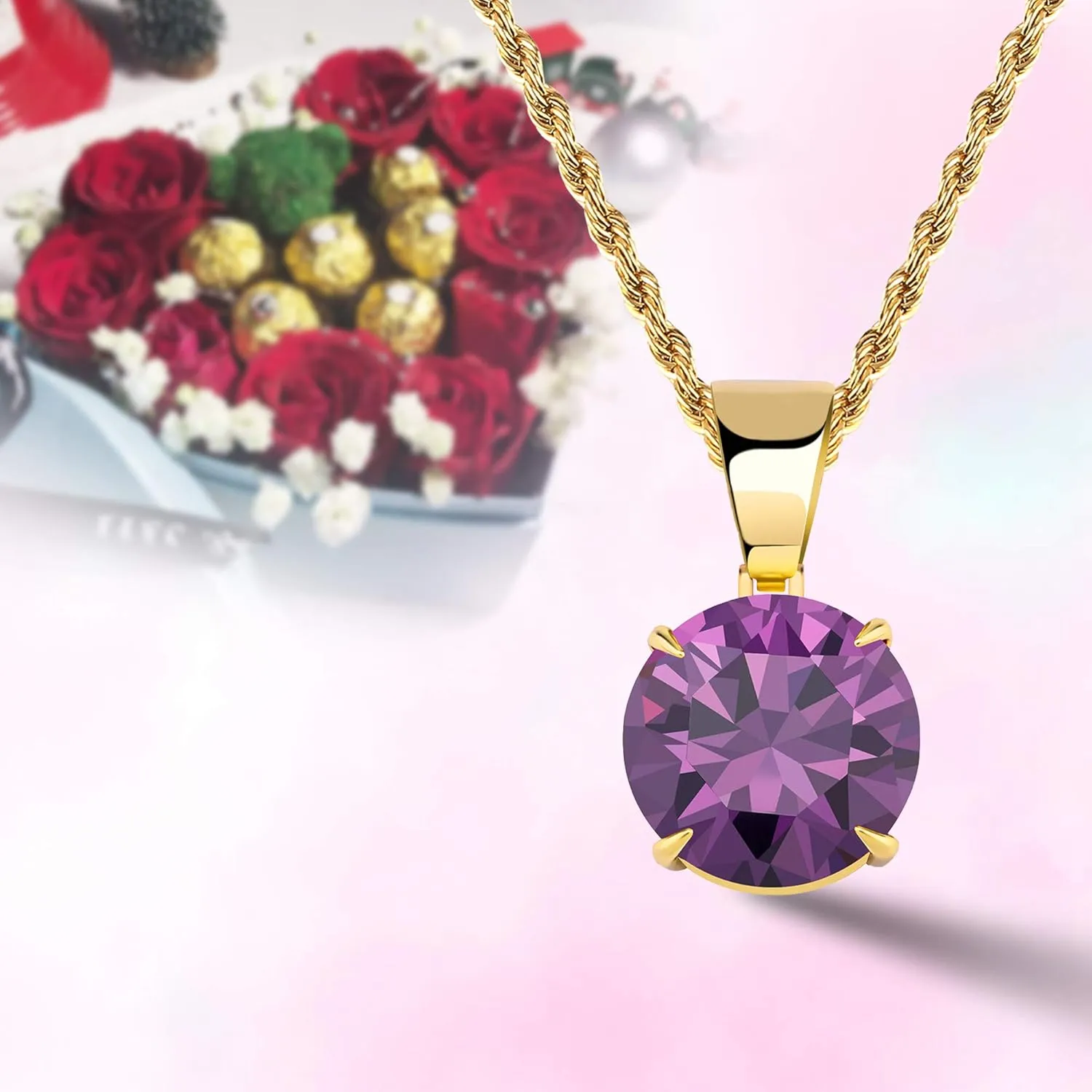 JINAO 15MM 4 Colors Solitaire Colorful Cubic Zirconia Pendant Necklace for Women Elegant Jewelry with Stainless Steel Rope Chain