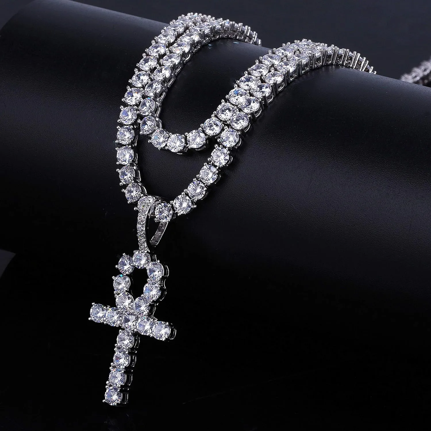 JINAO Ankh Cross Chain for Men Iced Out Cubic Zirconia Egyptian 14K Gold Plated Pendant Necklace for Women with Stainless Rope Chain