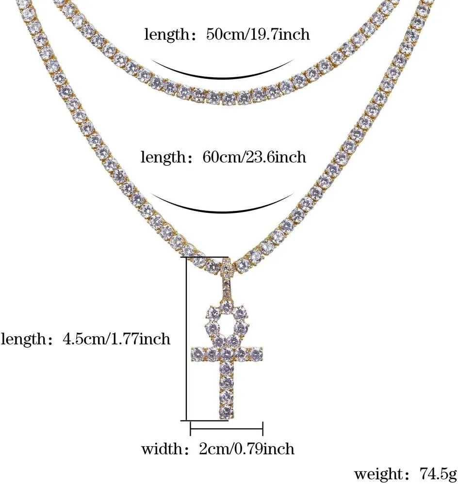 JINAO Ankh Cross Chain for Men Iced Out Cubic Zirconia Egyptian 14K Gold Plated Pendant Necklace for Women with Stainless Rope Chain