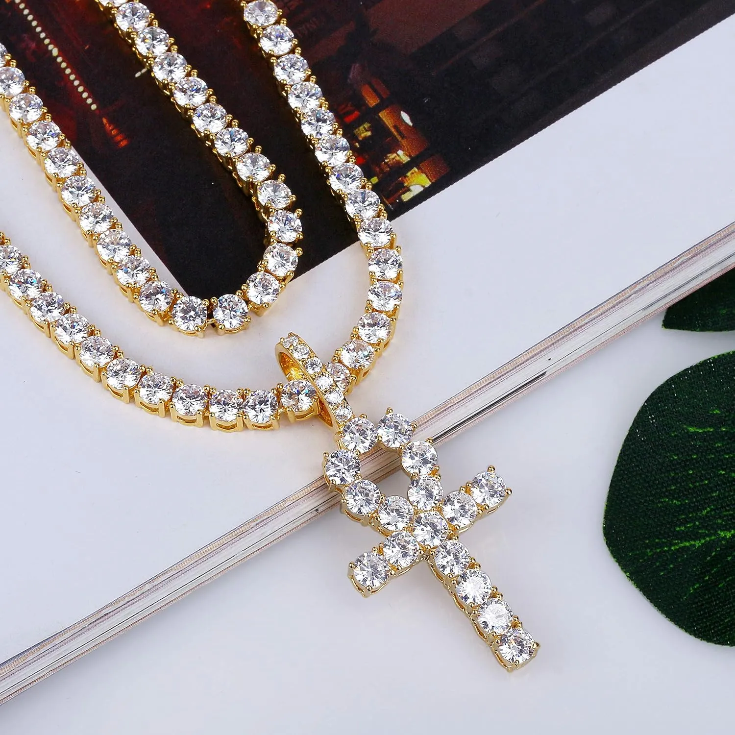 JINAO Ankh Cross Chain for Men Iced Out Cubic Zirconia Egyptian 14K Gold Plated Pendant Necklace for Women with Stainless Rope Chain