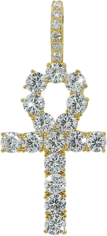 JINAO Ankh Cross Chain for Men Iced Out Cubic Zirconia Egyptian 14K Gold Plated Pendant Necklace for Women with Stainless Rope Chain