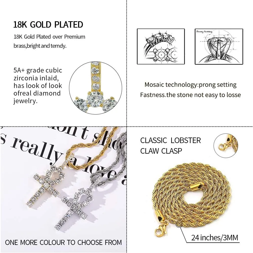 JINAO Ankh Cross Chain for Men Iced Out Cubic Zirconia Egyptian 14K Gold Plated Pendant Necklace for Women with Stainless Rope Chain