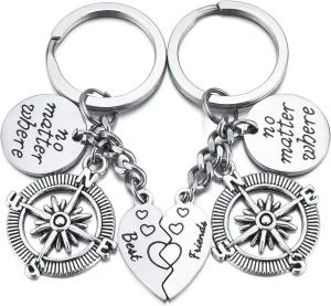Jovivi 2pcs Matching Keychains for Best Friends no matter where Compass Heart Keychain Friendship Keyring for BBF Family