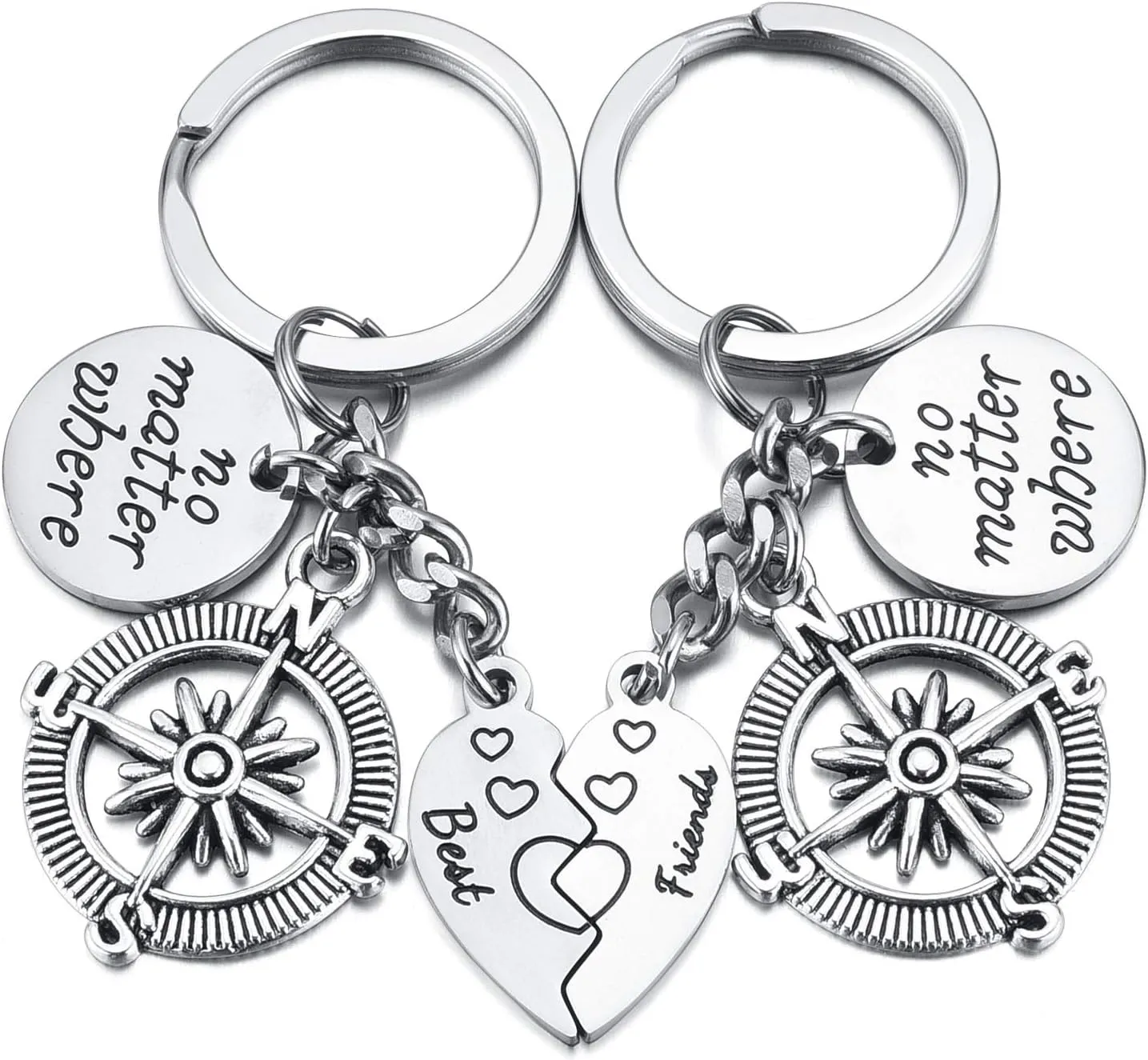 Jovivi 2pcs Matching Keychains for Best Friends no matter where Compass Heart Keychain Friendship Keyring for BBF Family