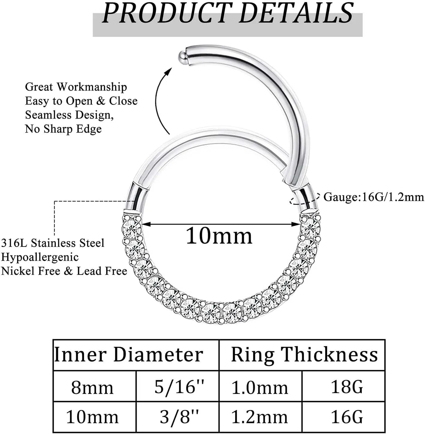 Jstyle Hypoallergenic Surgical Steel Septum Nose Rings for Women Men Opal CZ Nose Hoop Ring Septum Rings Hinged Cartilage Earring Conch Lip Helix Daith Rook Tragus Piercing Jewelry 8mm 10mm