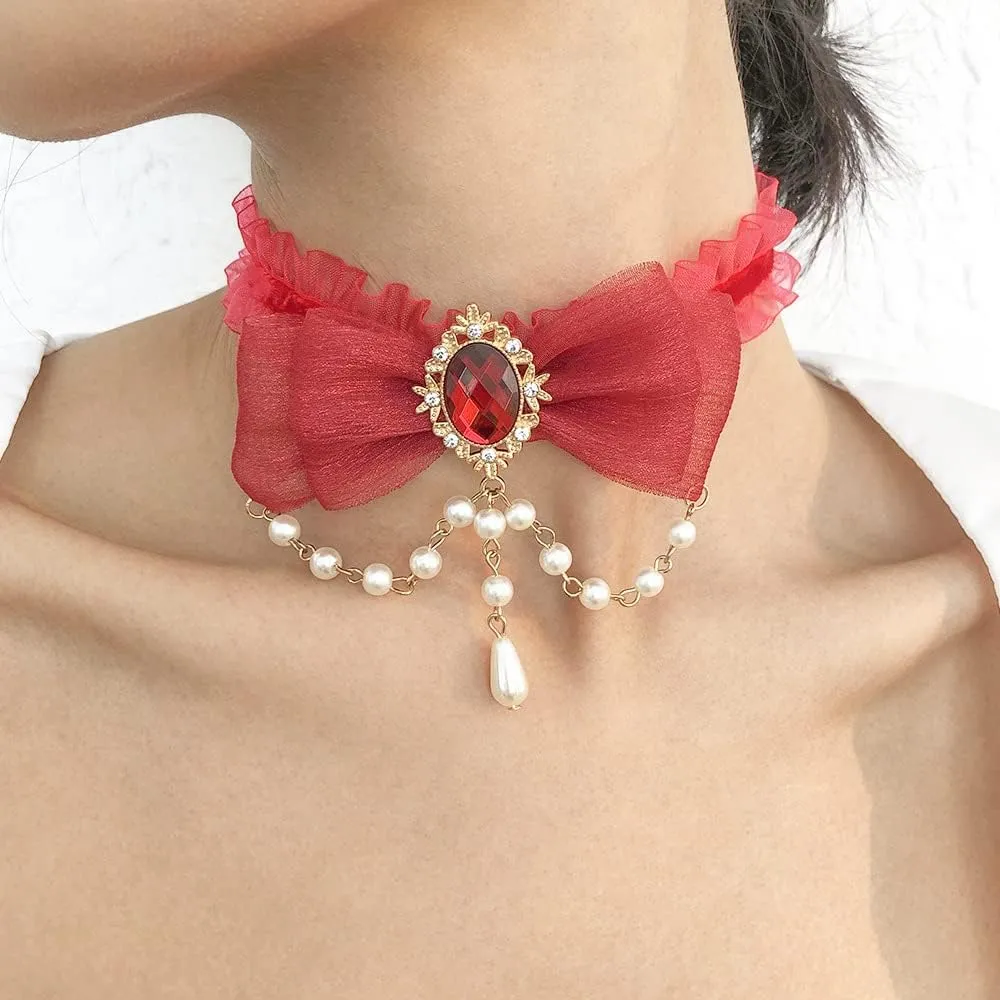 Jumwrit Gothic Choker Necklace, Women's Vintage Elegant Celestial Sexy Trendy Red Moon Star Pendant Pearl Chain Collar Necklace