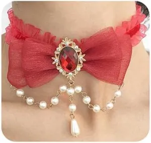 Jumwrit Gothic Choker Necklace, Women's Vintage Elegant Celestial Sexy Trendy Red Moon Star Pendant Pearl Chain Collar Necklace