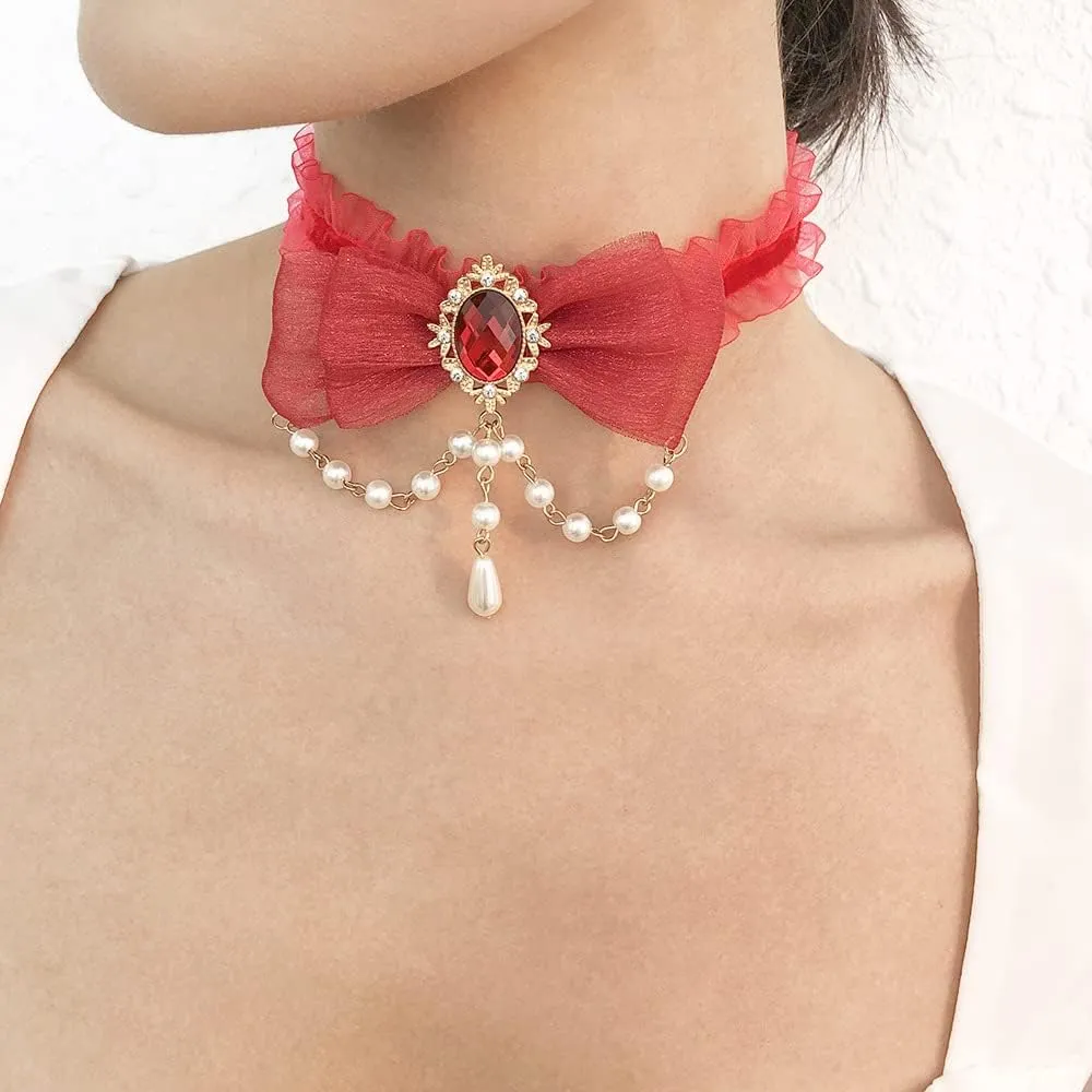 Jumwrit Gothic Choker Necklace, Women's Vintage Elegant Celestial Sexy Trendy Red Moon Star Pendant Pearl Chain Collar Necklace