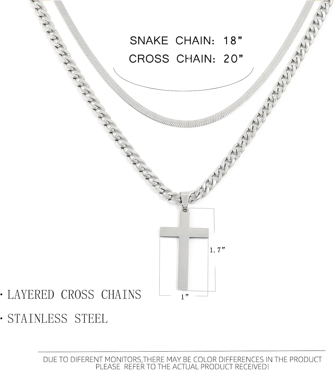 JUNVirtuous Cross Necklace for Men,Layered Cross Chains for Men Silver/Gold Stainless Steel Cuban Link and Snake Chain Necklace Set Jewelry Gifts for Men Boys