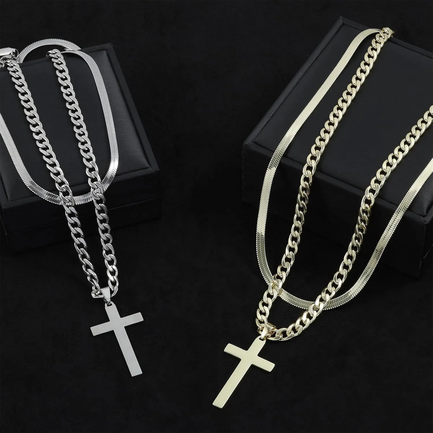 JUNVirtuous Cross Necklace for Men,Layered Cross Chains for Men Silver/Gold Stainless Steel Cuban Link and Snake Chain Necklace Set Jewelry Gifts for Men Boys