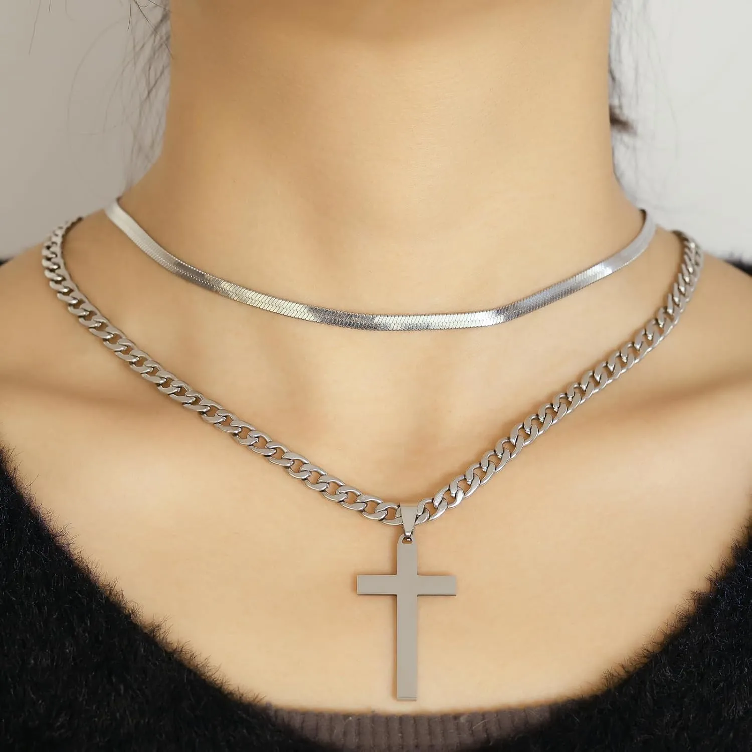 JUNVirtuous Cross Necklace for Men,Layered Cross Chains for Men Silver/Gold Stainless Steel Cuban Link and Snake Chain Necklace Set Jewelry Gifts for Men Boys