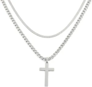 JUNVirtuous Cross Necklace for Men,Layered Cross Chains for Men Silver/Gold Stainless Steel Cuban Link and Snake Chain Necklace Set Jewelry Gifts for Men Boys