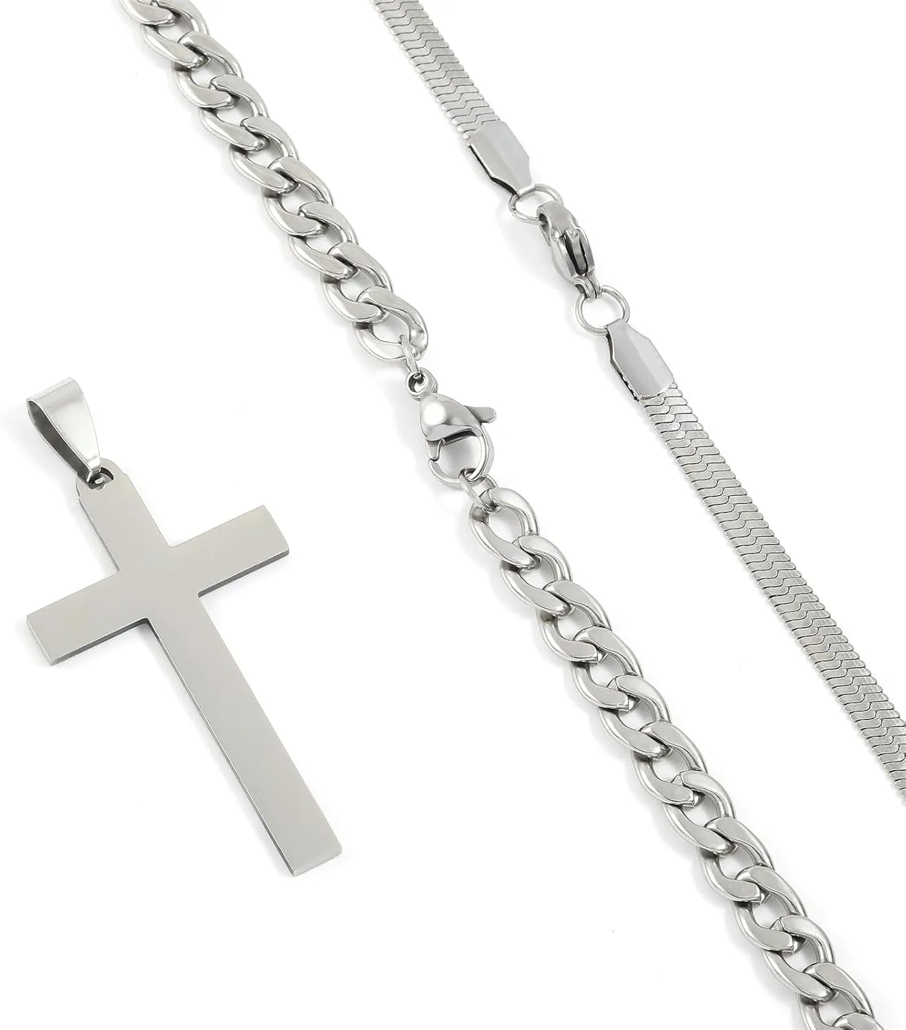 JUNVirtuous Cross Necklace for Men,Layered Cross Chains for Men Silver/Gold Stainless Steel Cuban Link and Snake Chain Necklace Set Jewelry Gifts for Men Boys