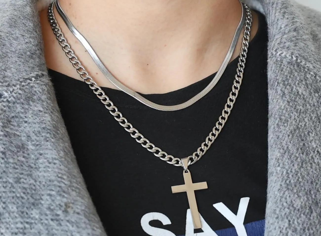 JUNVirtuous Cross Necklace for Men,Layered Cross Chains for Men Silver/Gold Stainless Steel Cuban Link and Snake Chain Necklace Set Jewelry Gifts for Men Boys