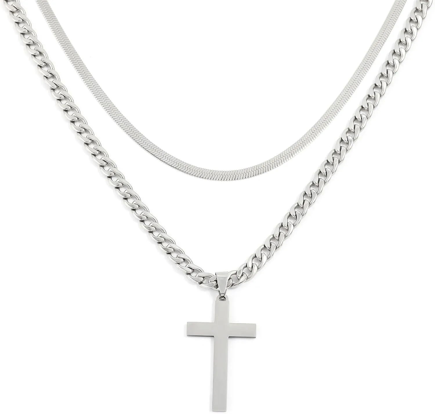 JUNVirtuous Cross Necklace for Men,Layered Cross Chains for Men Silver/Gold Stainless Steel Cuban Link and Snake Chain Necklace Set Jewelry Gifts for Men Boys