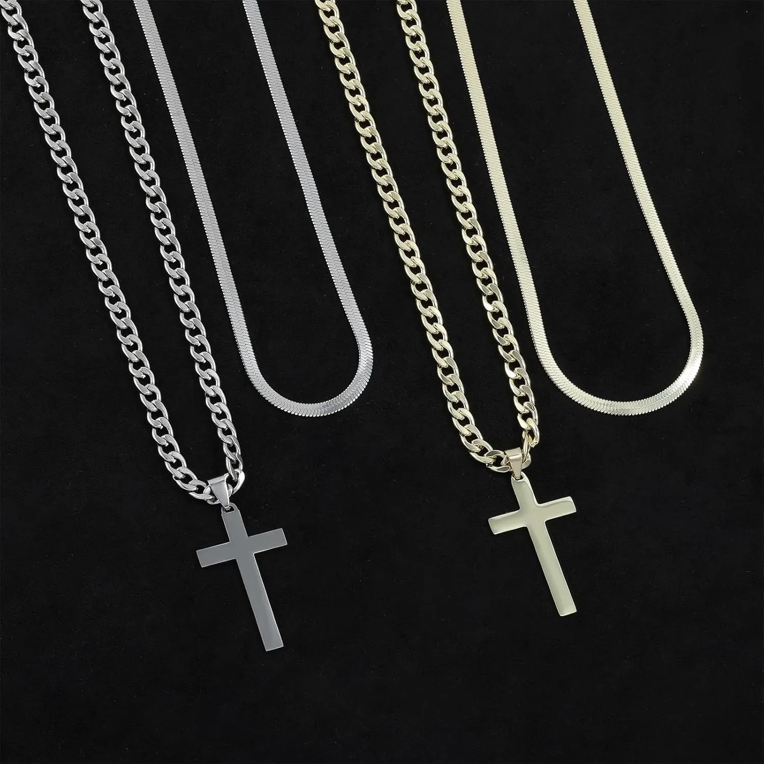 JUNVirtuous Cross Necklace for Men,Layered Cross Chains for Men Silver/Gold Stainless Steel Cuban Link and Snake Chain Necklace Set Jewelry Gifts for Men Boys