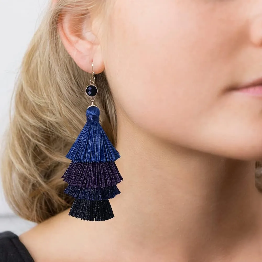 KELITCH Colorful Layered Tassel Earrings Bohemian Tassel Multi Layer Fan Edge Pendant Earrings Fashion Clothing Jewelry Christmas Gifts
