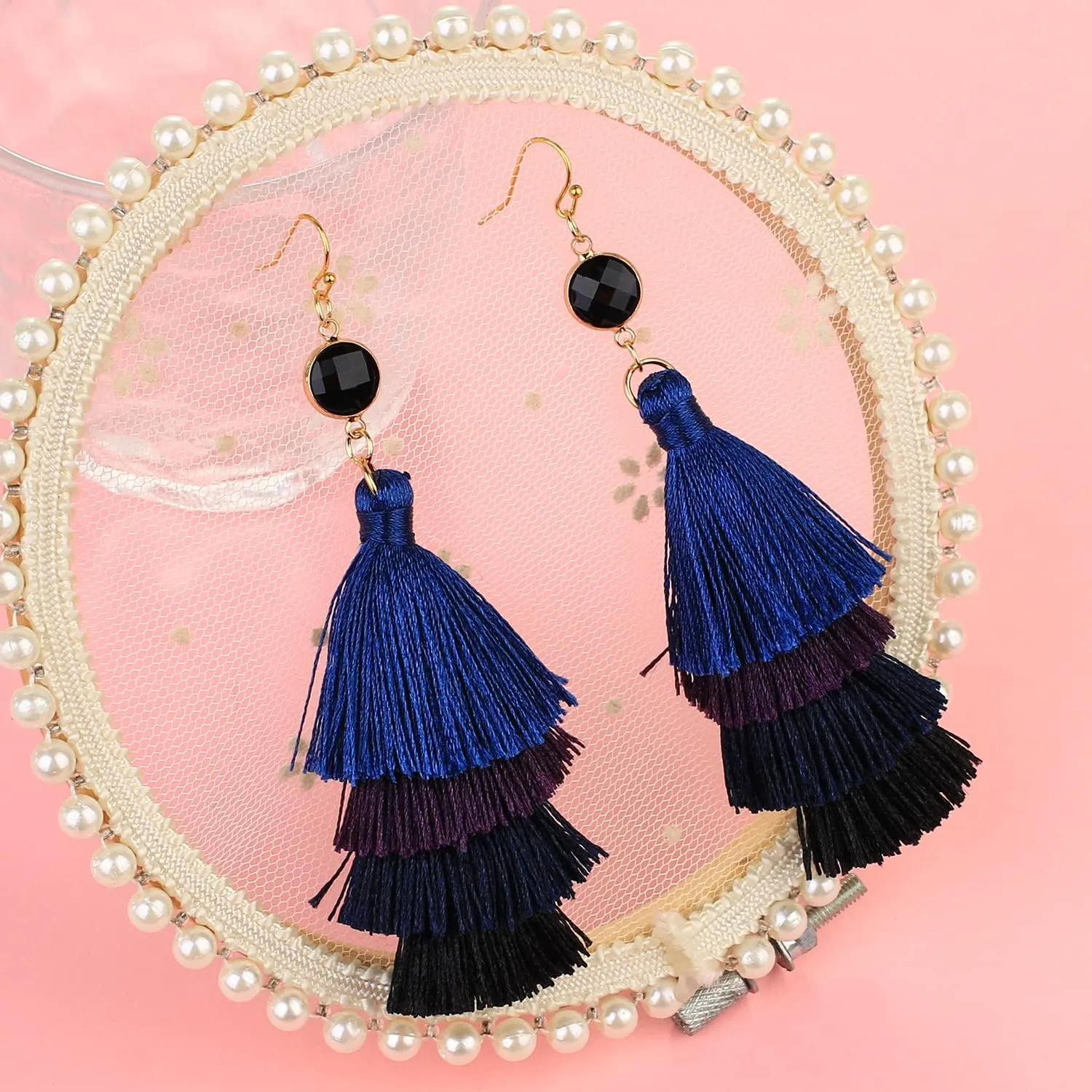 KELITCH Colorful Layered Tassel Earrings Bohemian Tassel Multi Layer Fan Edge Pendant Earrings Fashion Clothing Jewelry Christmas Gifts