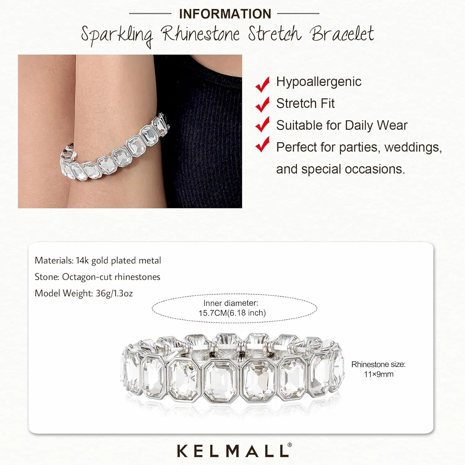 KELMALL 14K Gold Plated Stretch Bracelet for Women  Pink Rhinestone Elastic Bangle  Hypoallergenic Statement Jewelry for Daily Wear, Parties and Gifts