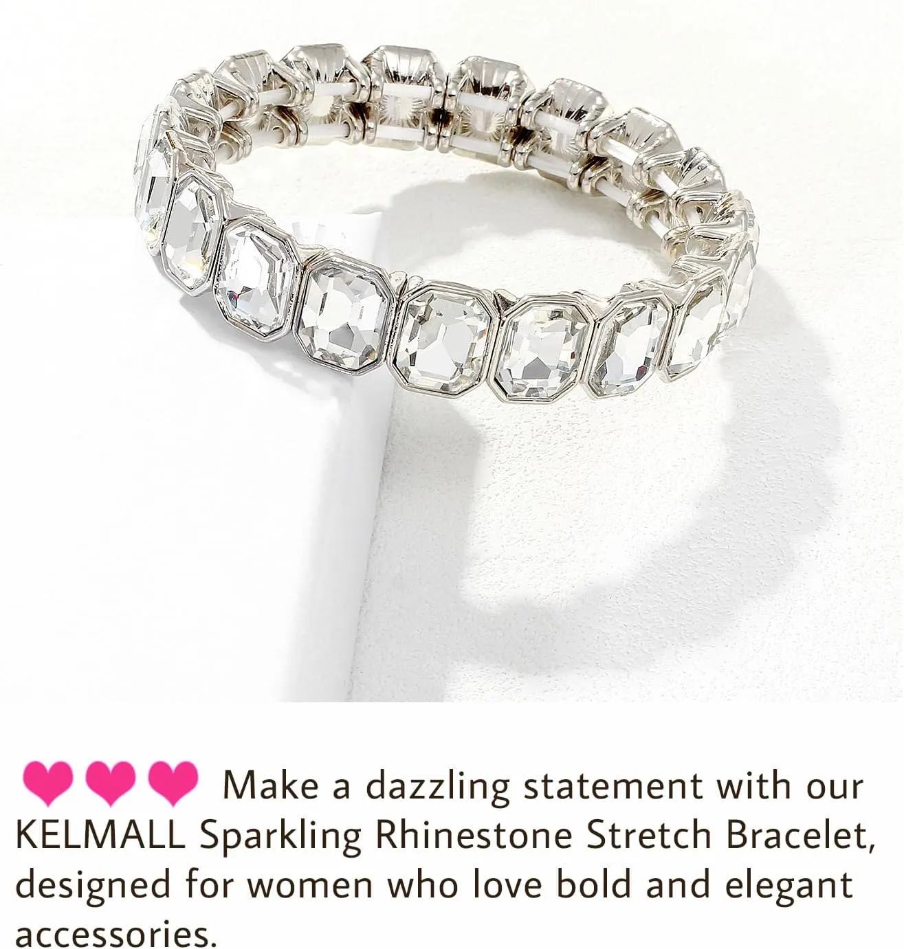 KELMALL 14K Gold Plated Stretch Bracelet for Women  Pink Rhinestone Elastic Bangle  Hypoallergenic Statement Jewelry for Daily Wear, Parties and Gifts