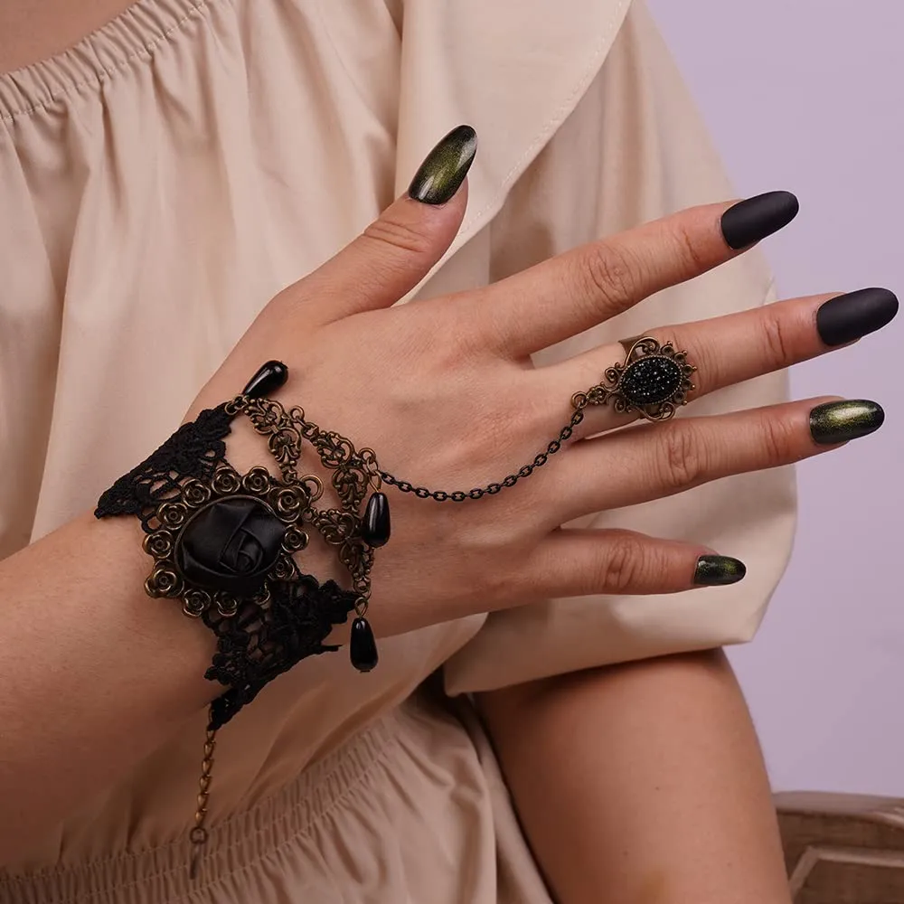 Kercisbeauty Retro Black Rose Hand Chain with Finger Ring Elegant Lace Bracelet for Women Costume Party Jewelry (Style 3)