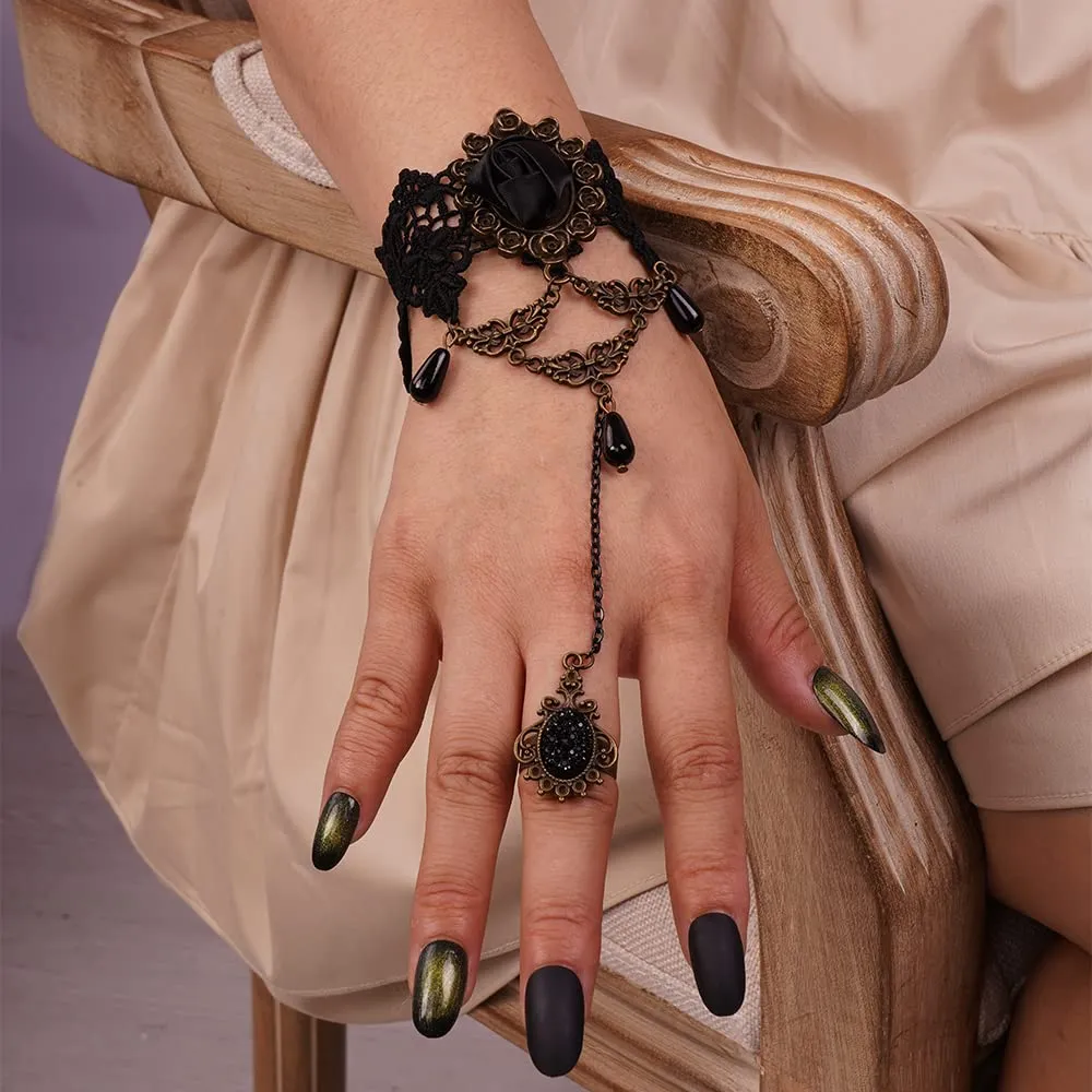 Kercisbeauty Retro Black Rose Hand Chain with Finger Ring Elegant Lace Bracelet for Women Costume Party Jewelry (Style 3)
