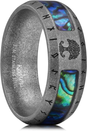 King Will Unique Stainless Steel Men Wedding Band - with Tree of Life Rune Design and Abalone Shell Inlay, 8mm Men Ring Vintage Steel Finish Hypoallergenic and Comfort Fit Size 7-14