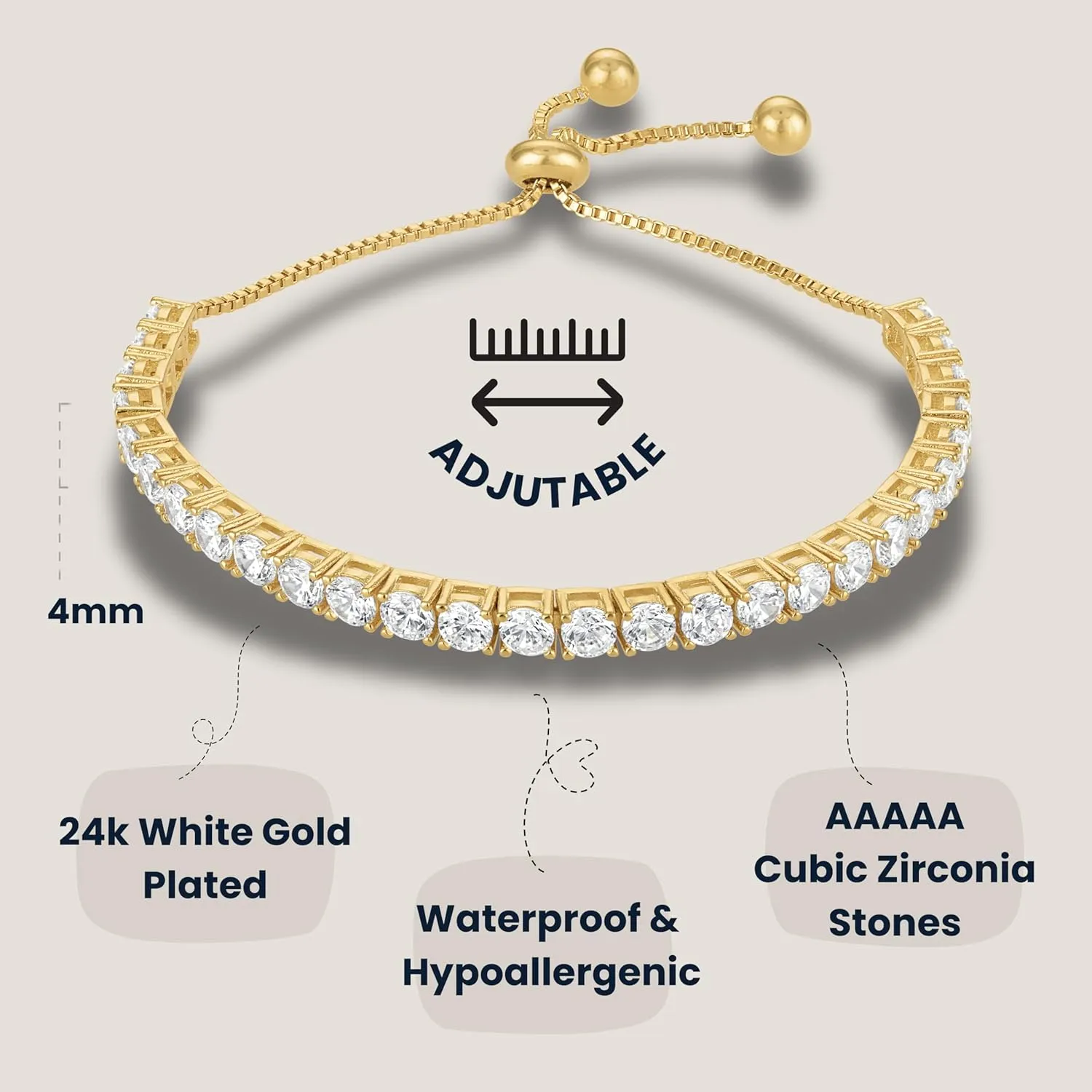 KISPER Adjustable Tennis Bracelet for Women - 18K White Gold or Gold Plated Round Cut AAAAA CZ, 2mm/3mm/4mm Dainty Cubic Zirconia Bracelet, Elegant Gift