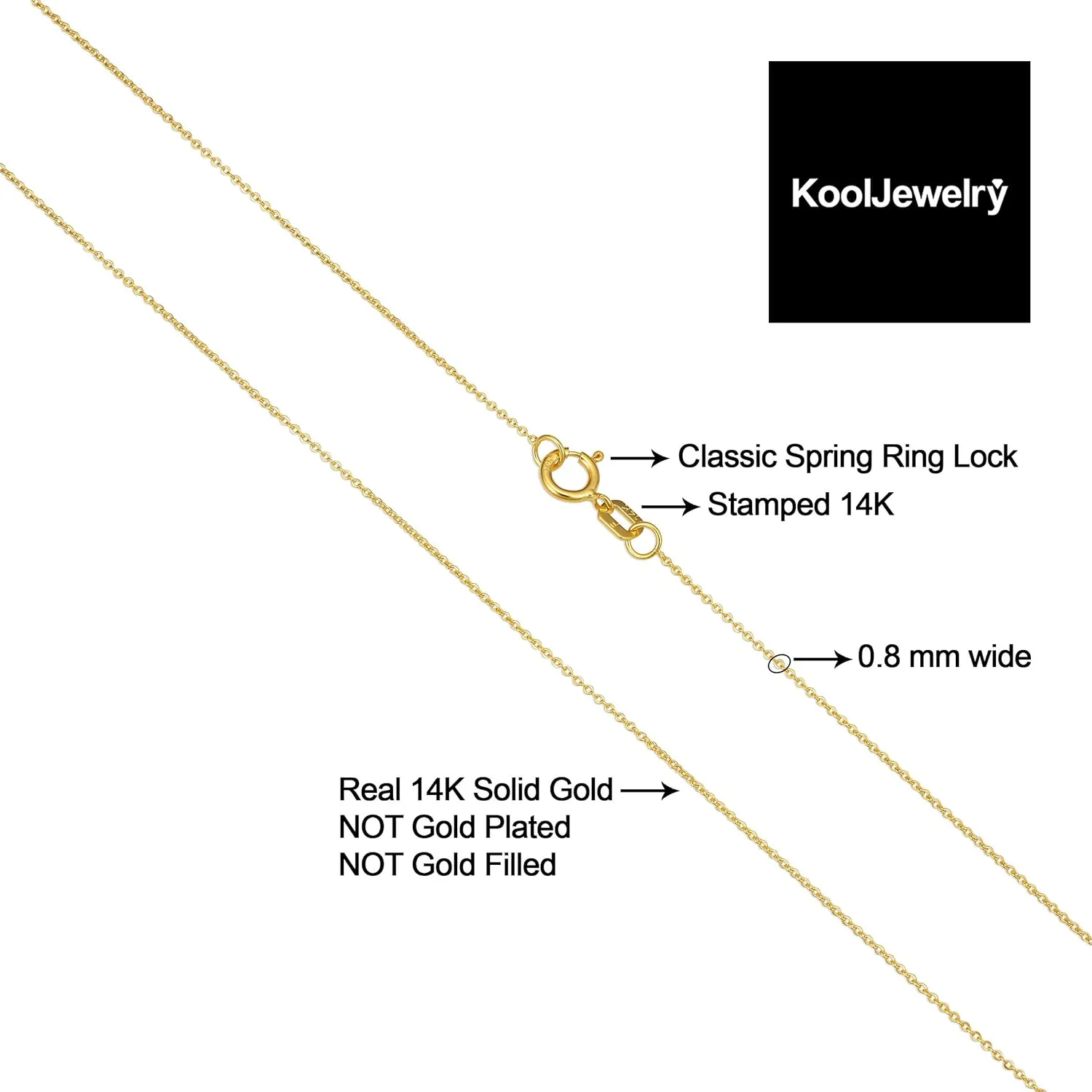 Kooljewelry Solid 14k Yellow or White Gold 0.8 mm Cable Chain Necklace (16, 18, 20, 24 or 30 inch)