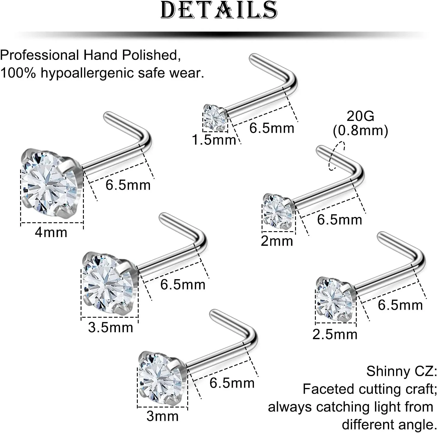Kridzisw 18G 20G 22G Nose Rings Studs Stainless Steel Cubic Zirconia Nose Nostril Piercing Jewelry for Women Men CZ Size 1.5mm 2mm 2.5mm 3mm 3.5mm 4mm 24Pcs