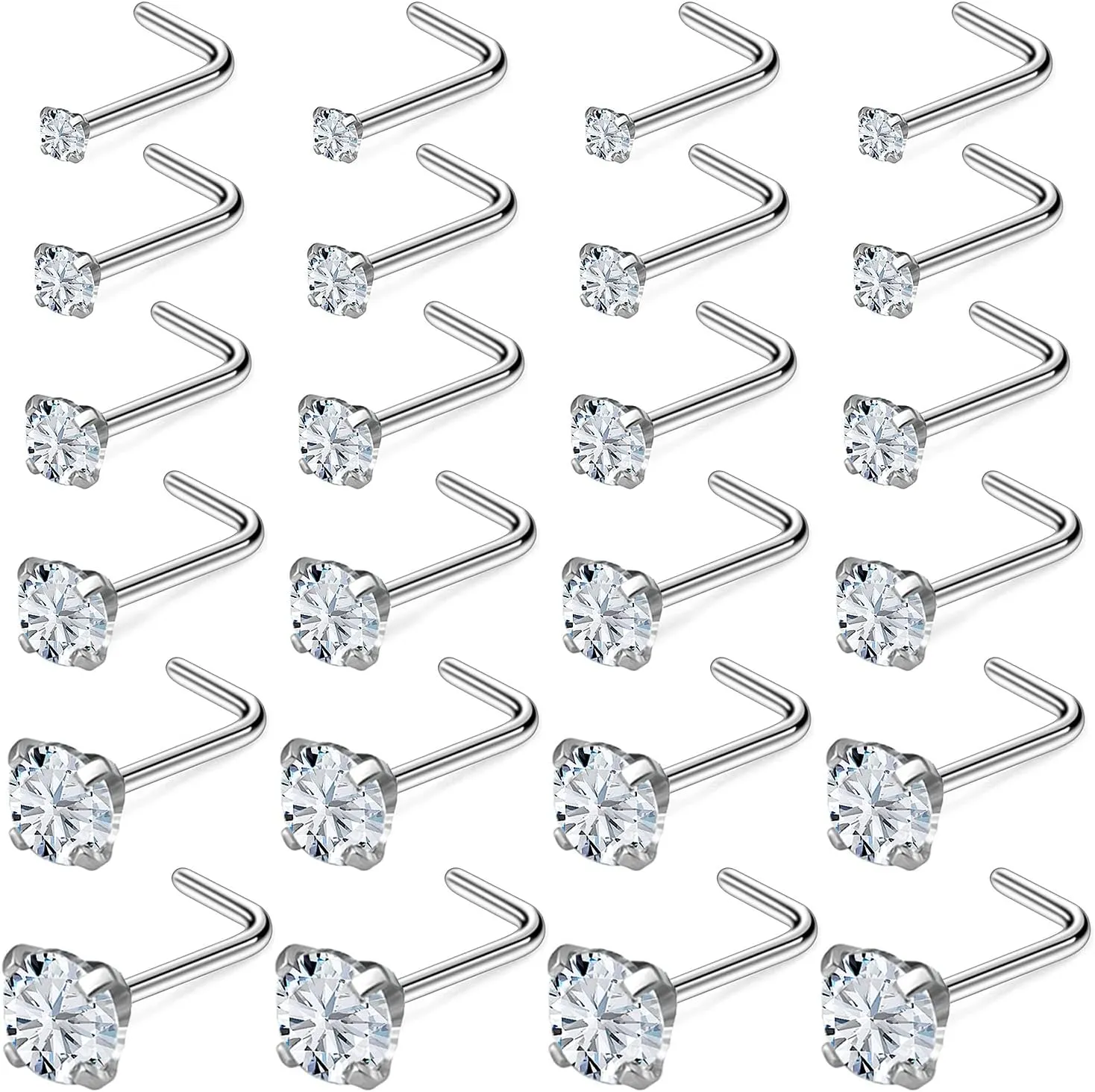 Kridzisw 18G 20G 22G Nose Rings Studs Stainless Steel Cubic Zirconia Nose Nostril Piercing Jewelry for Women Men CZ Size 1.5mm 2mm 2.5mm 3mm 3.5mm 4mm 24Pcs