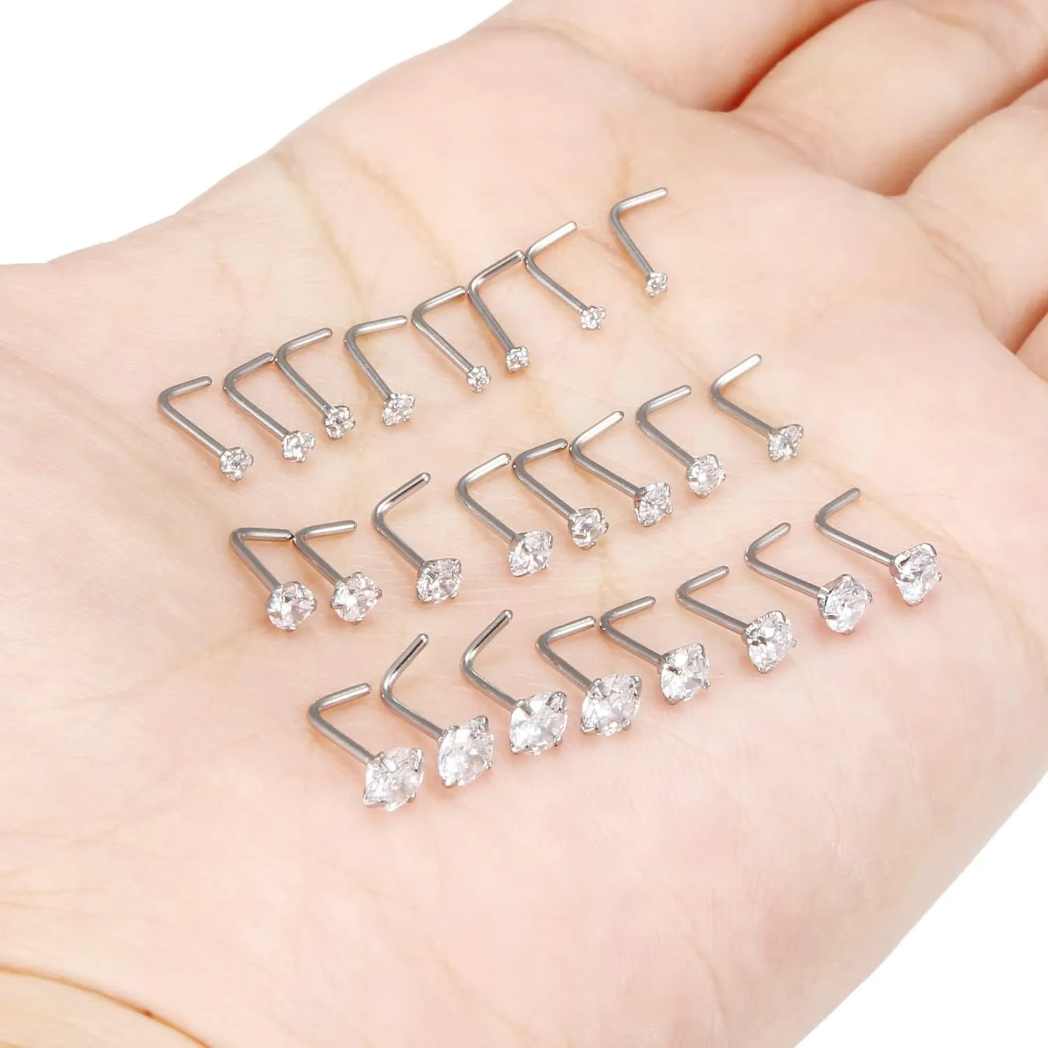 Kridzisw 18G 20G 22G Nose Rings Studs Stainless Steel Cubic Zirconia Nose Nostril Piercing Jewelry for Women Men CZ Size 1.5mm 2mm 2.5mm 3mm 3.5mm 4mm 24Pcs