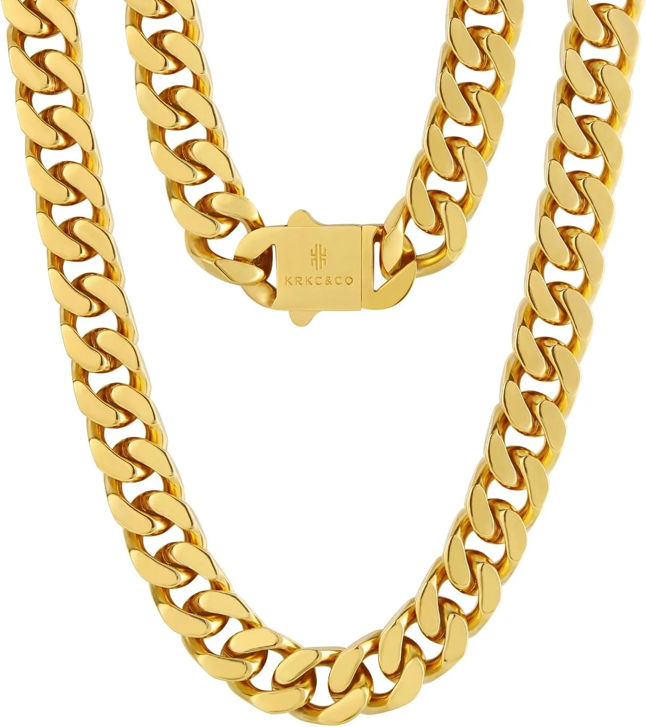 KRKC&CO 8/10/12/14mm Mens Cuban Link Chain,18k Gold Miami Cuban Chain, 4-Side Cut,Hip Hop Jewelry, Anti-Allergies Necklace,Durable and Anti-Tarnish Urban Street-wear, Never Fading, Everlasting Shine