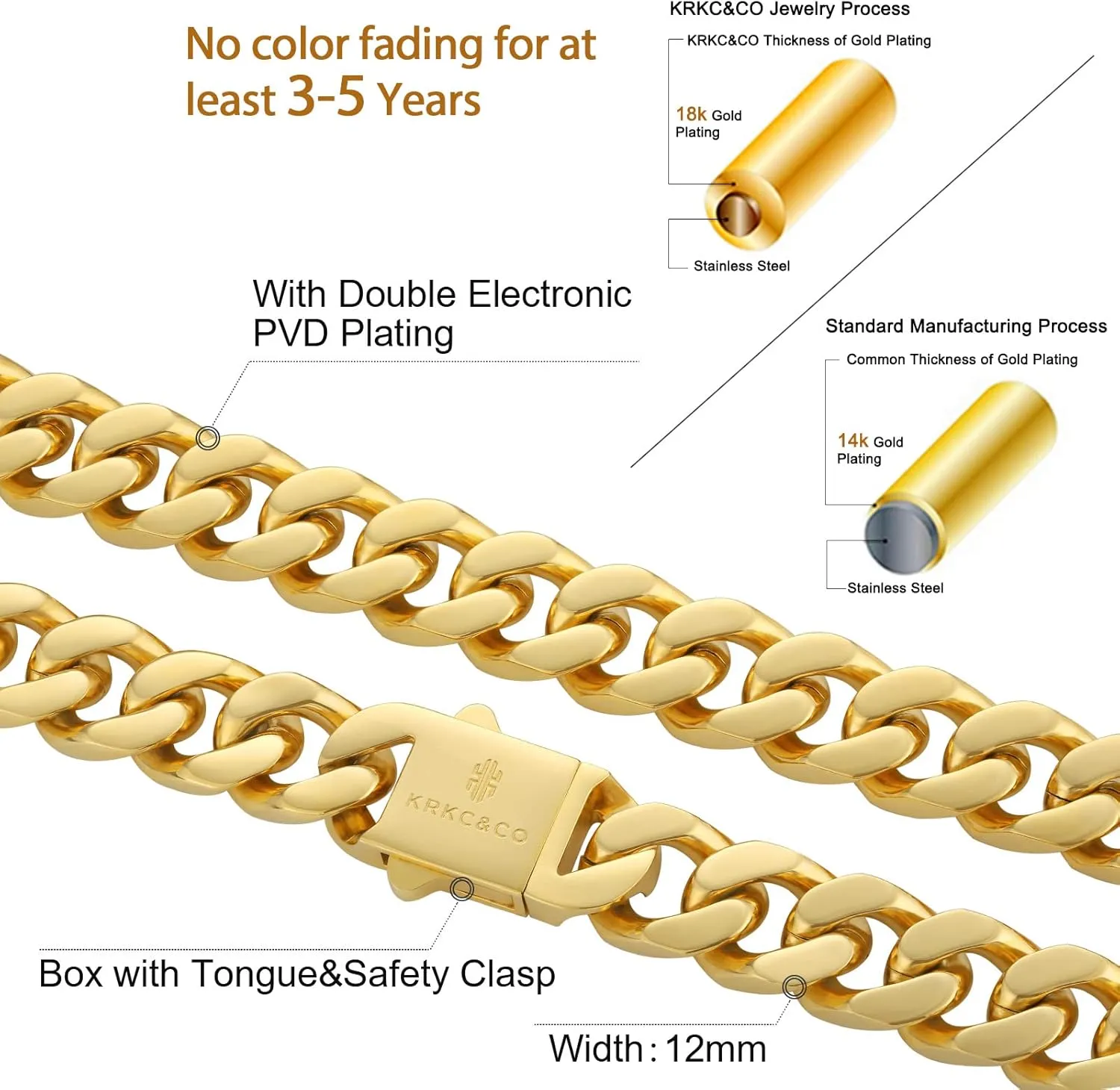 KRKC&CO 8/10/12/14mm Mens Cuban Link Chain,18k Gold Miami Cuban Chain, 4-Side Cut,Hip Hop Jewelry, Anti-Allergies Necklace,Durable and Anti-Tarnish Urban Street-wear, Never Fading, Everlasting Shine