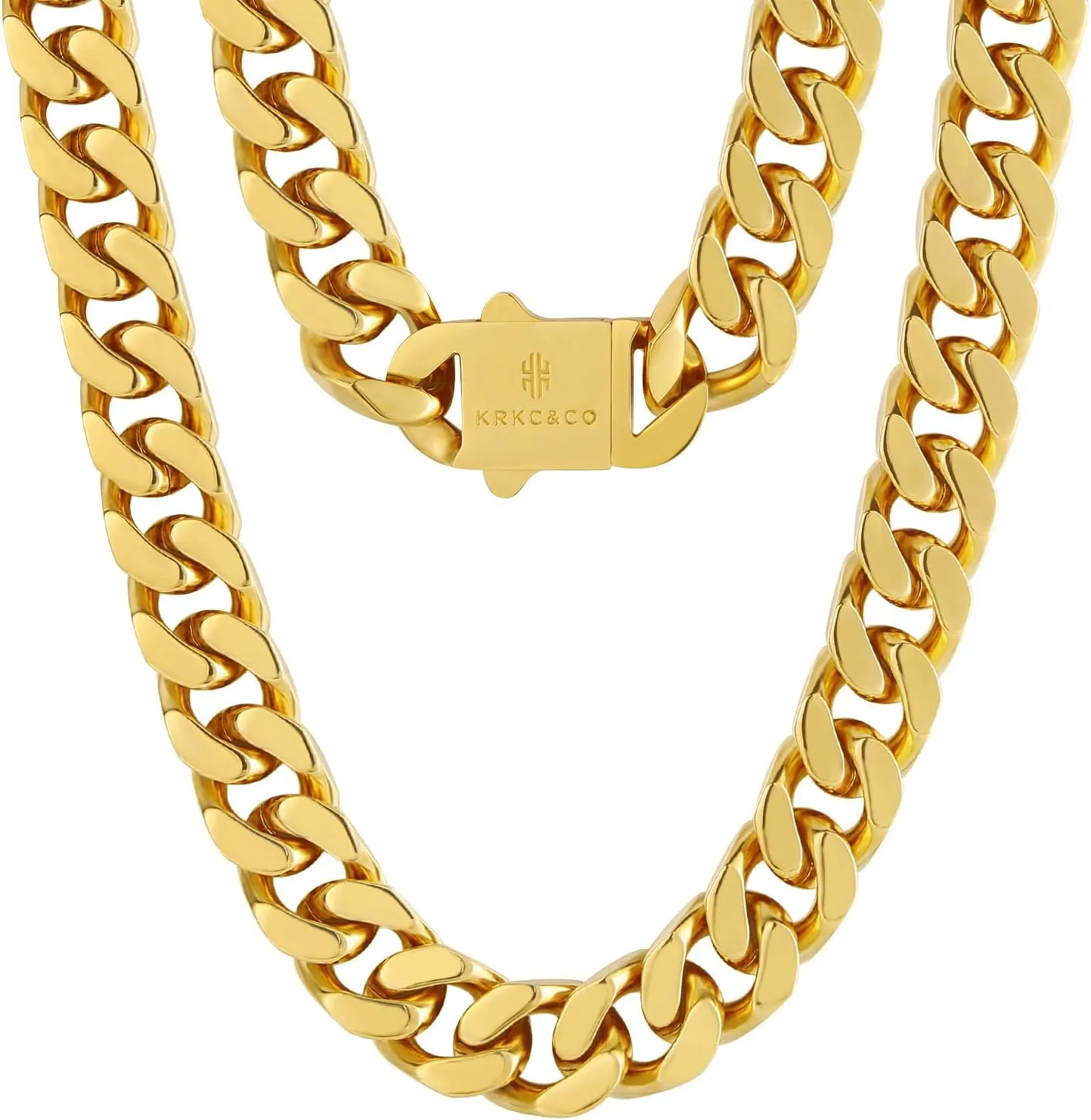 KRKC&CO 8/10/12/14mm Mens Cuban Link Chain,18k Gold Miami Cuban Chain, 4-Side Cut,Hip Hop Jewelry, Anti-Allergies Necklace,Durable and Anti-Tarnish Urban Street-wear, Never Fading, Everlasting Shine